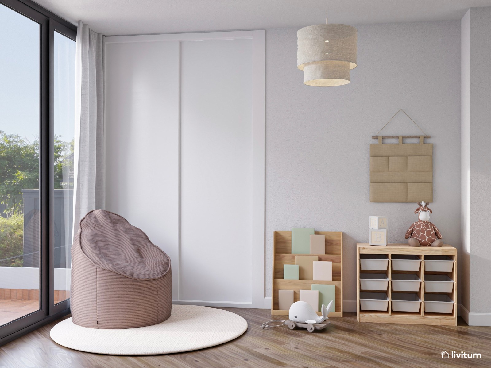 Habitación infantil con detalles en verde, rosa y marrón