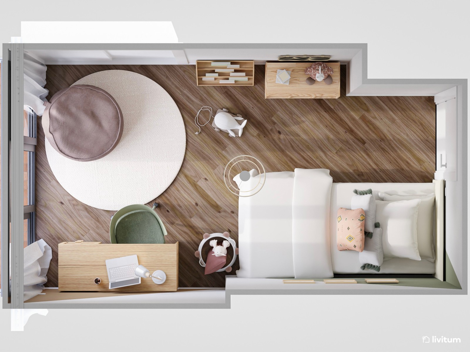 Habitación infantil con detalles en verde, rosa y marrón