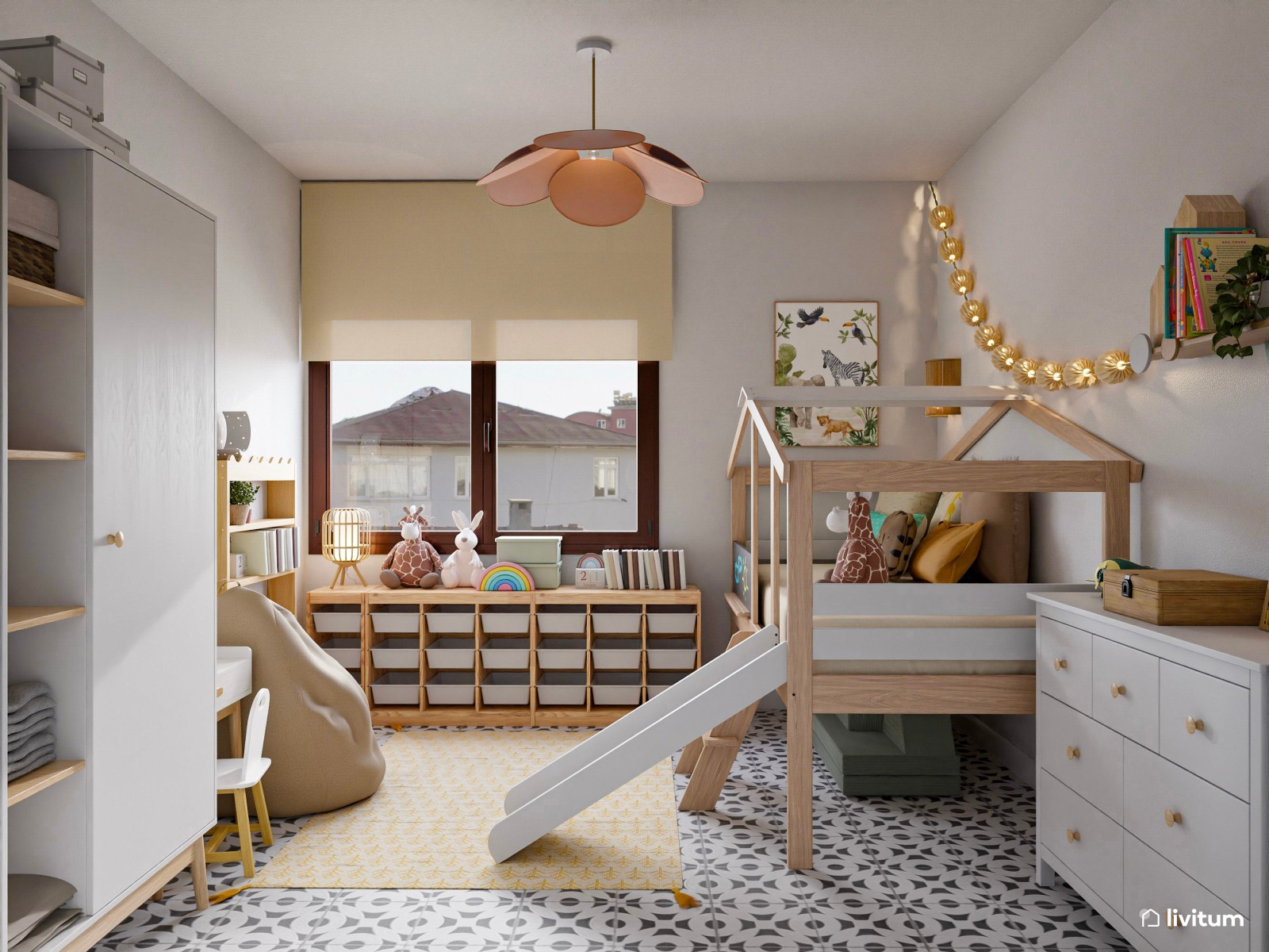 Habitación infantil con divertida zona de juegos y mucho almacenaje
