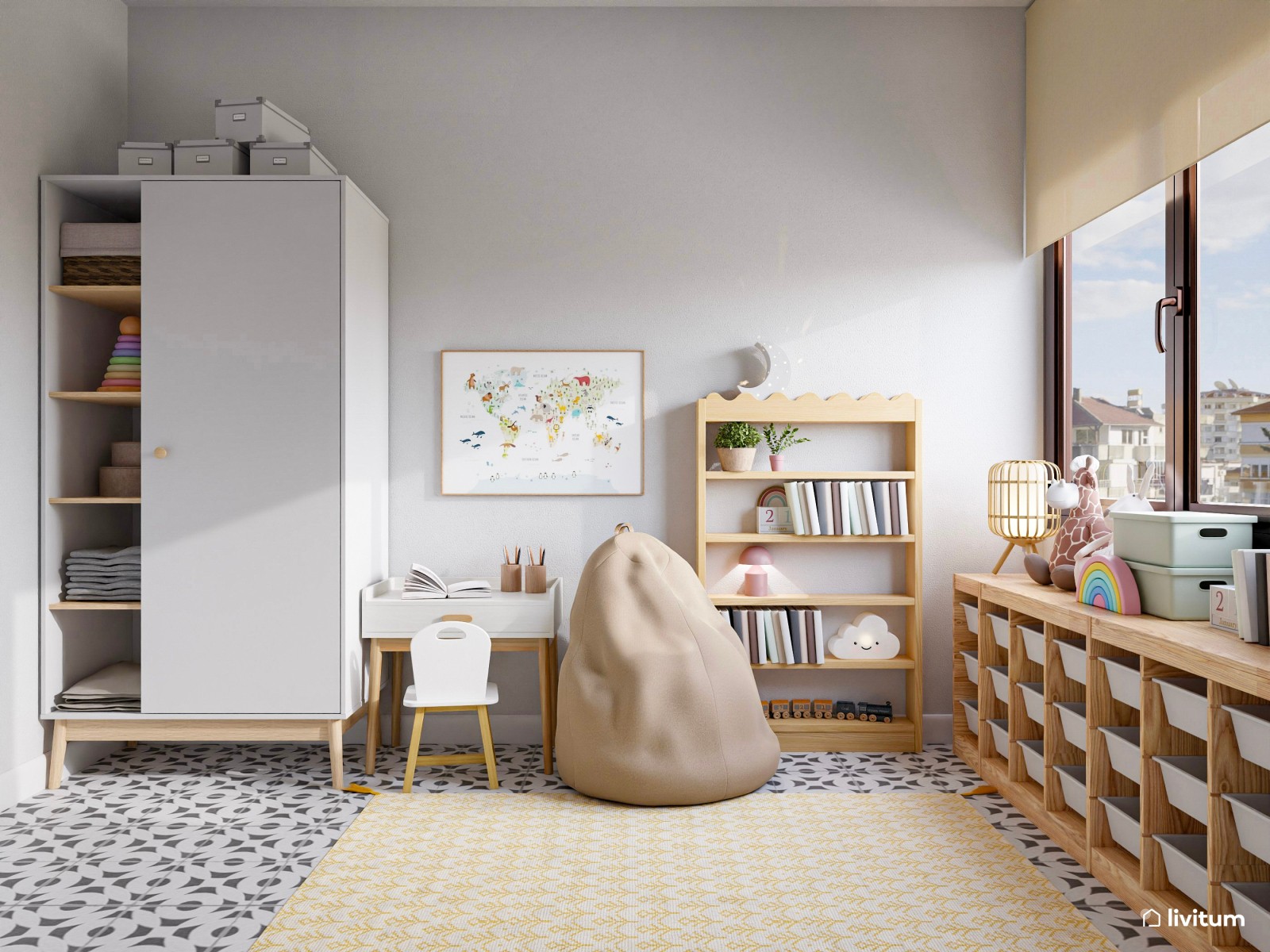 Habitación infantil con divertida zona de juegos y mucho almacenaje
