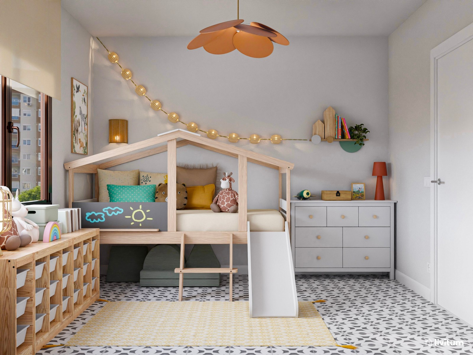 Habitación infantil con divertida zona de juegos y mucho almacenaje