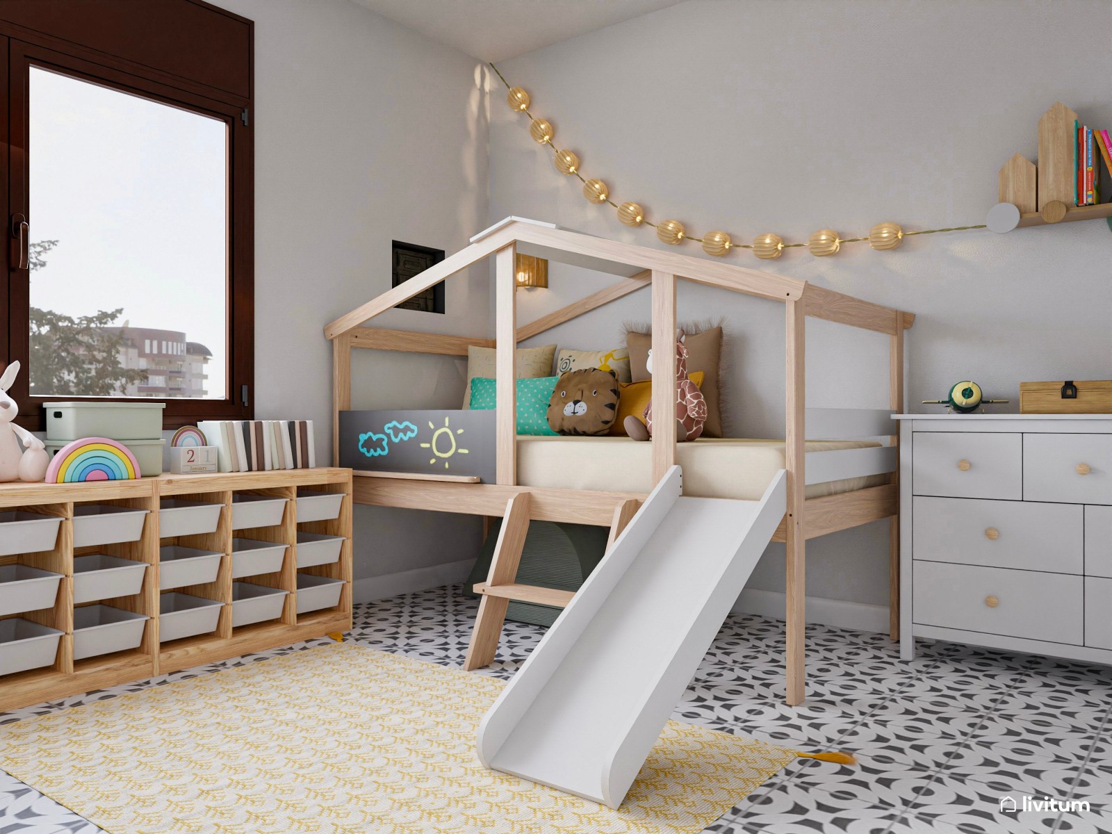 Habitación infantil con divertida zona de juegos y mucho almacenaje