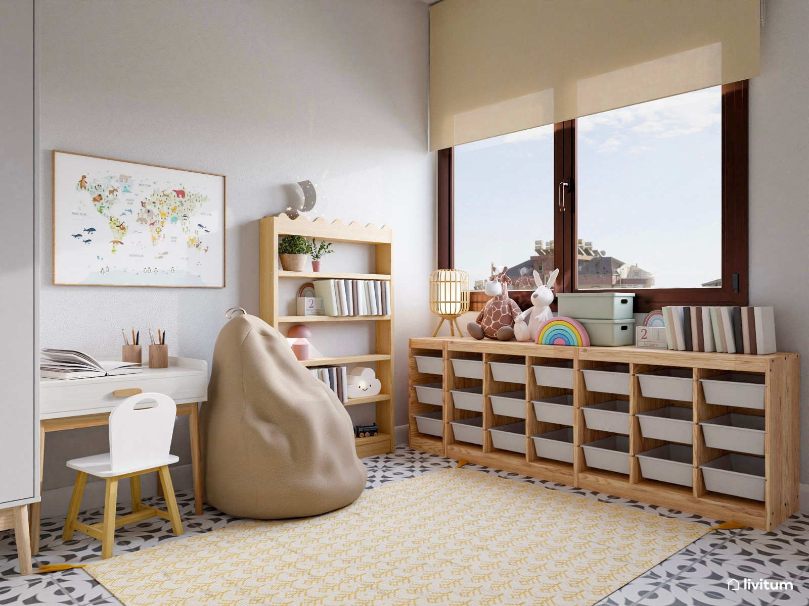 Habitación infantil con divertida zona de juegos y mucho almacenaje
