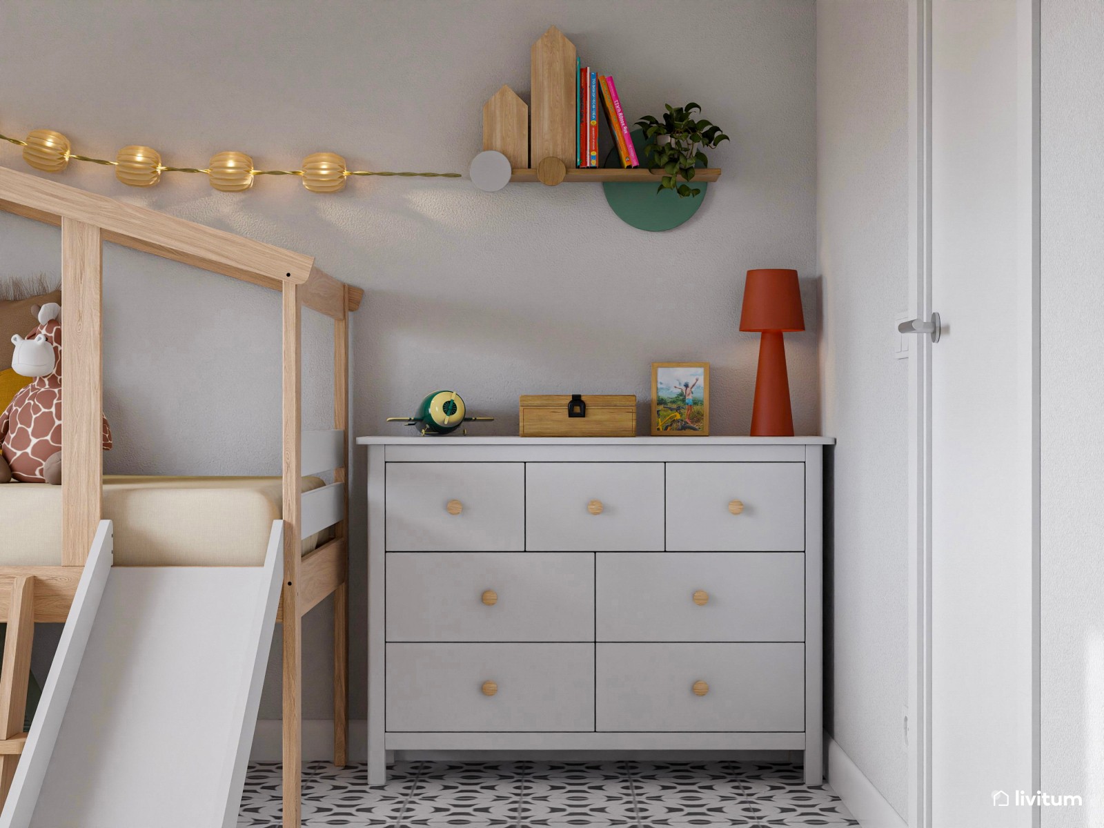 Habitación infantil con divertida zona de juegos y mucho almacenaje