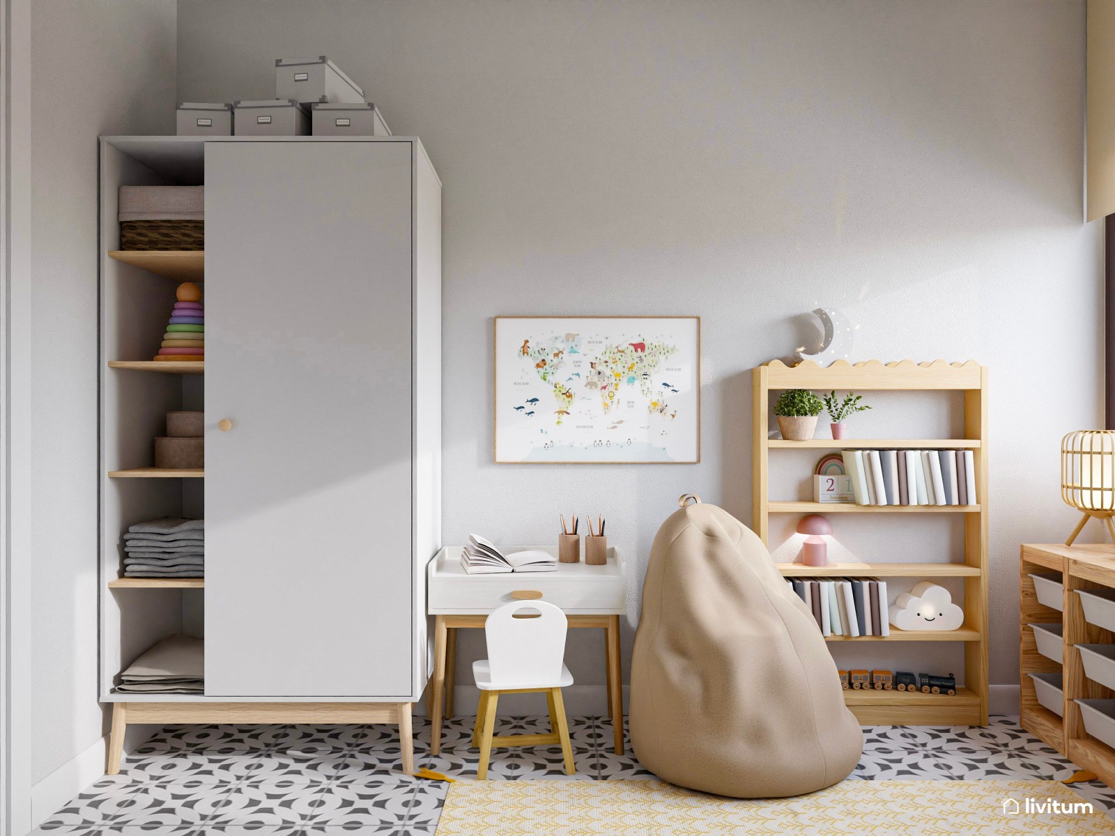 Habitación infantil con divertida zona de juegos y mucho almacenaje