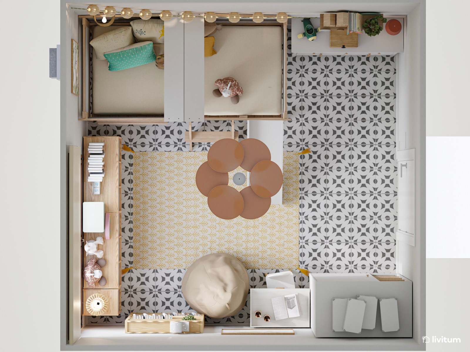 Habitación infantil con divertida zona de juegos y mucho almacenaje