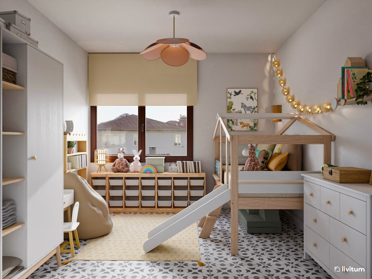 Habitación infantil con divertida zona de juegos y mucho almacenaje