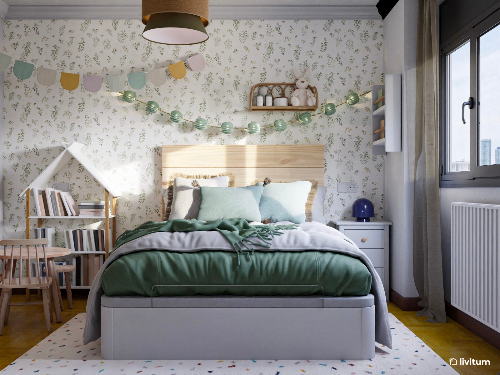 Habitación infantil con divertido papel pintado y detalles en verde