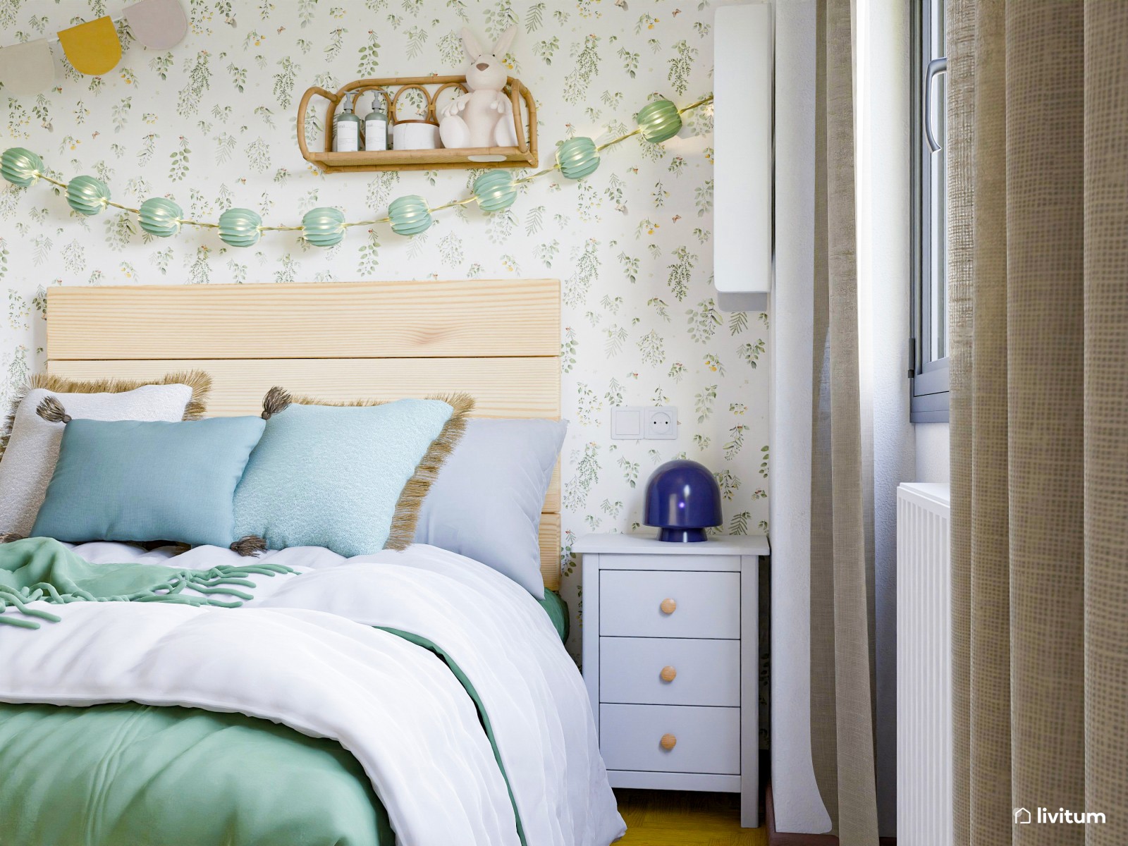 Habitación infantil con divertido papel pintado y detalles en verde