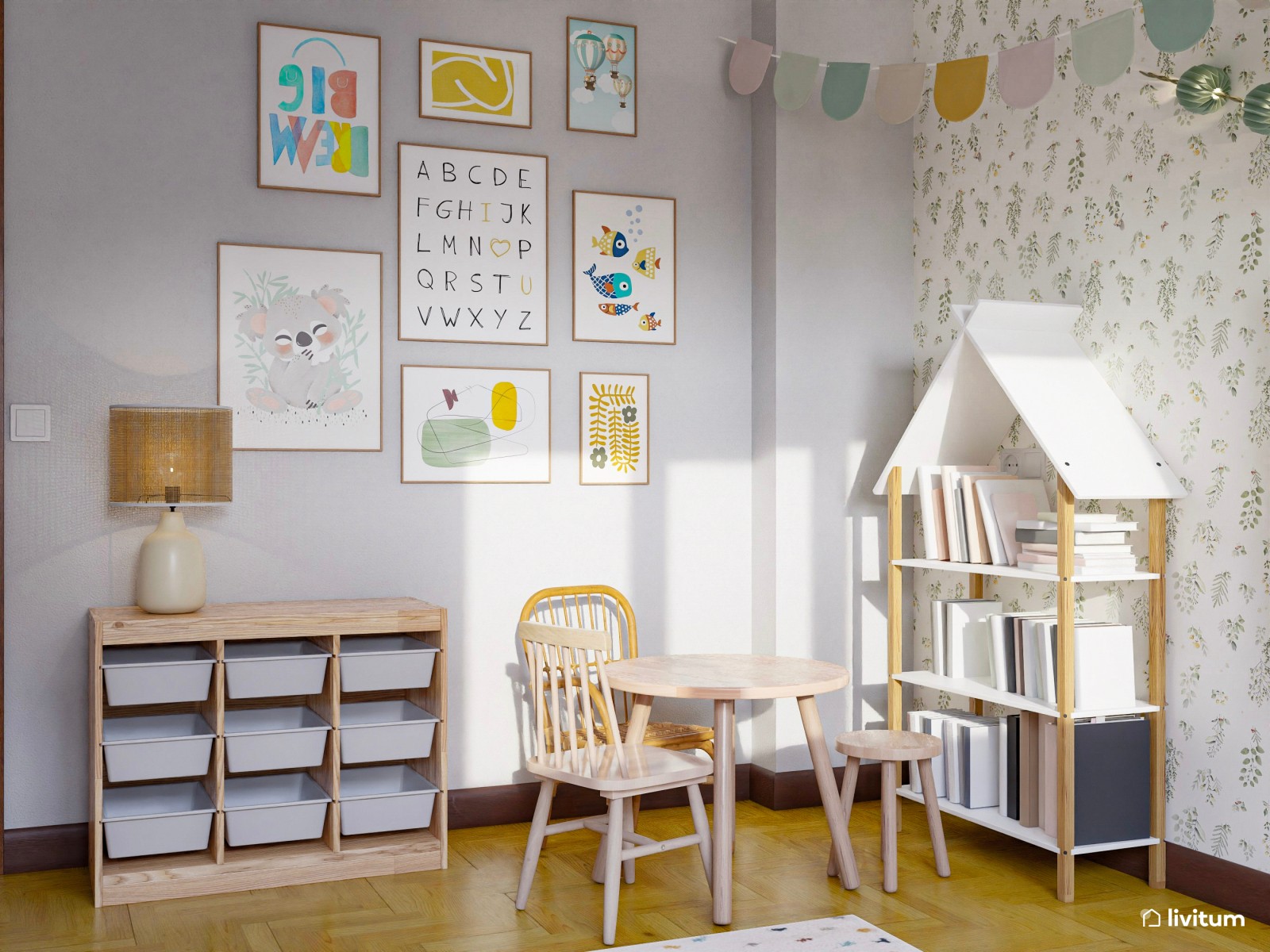 Habitación infantil con divertido papel pintado y detalles en verde