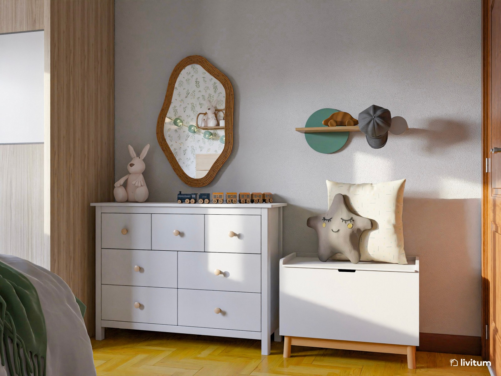 Habitación infantil con divertido papel pintado y detalles en verde