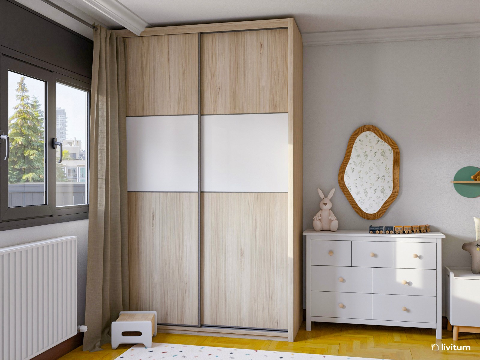 Habitación infantil con divertido papel pintado y detalles en verde