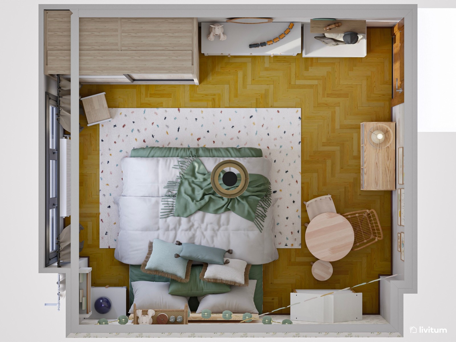 Habitación infantil con divertido papel pintado y detalles en verde