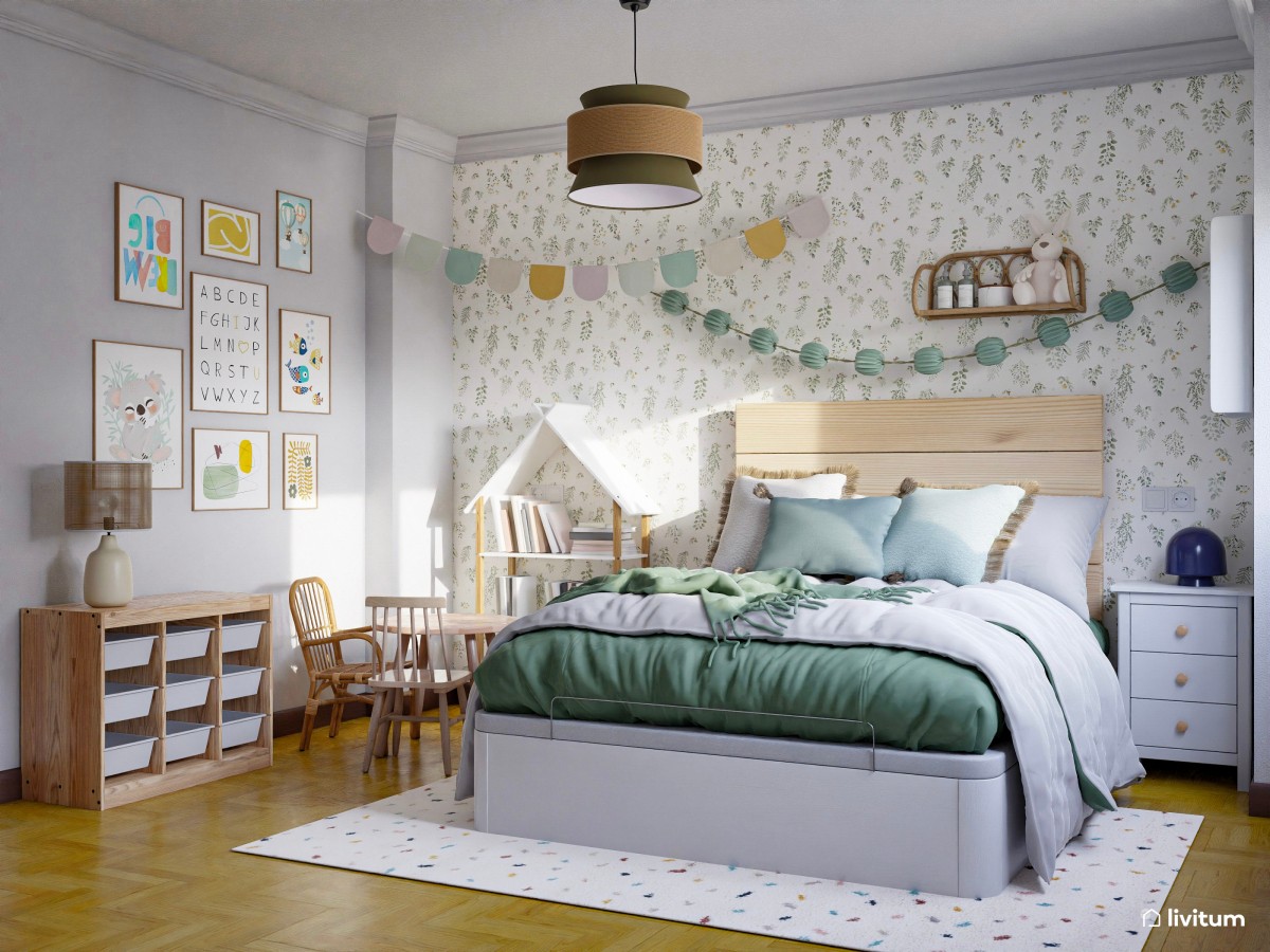 Habitación infantil con divertido papel pintado y detalles en verde