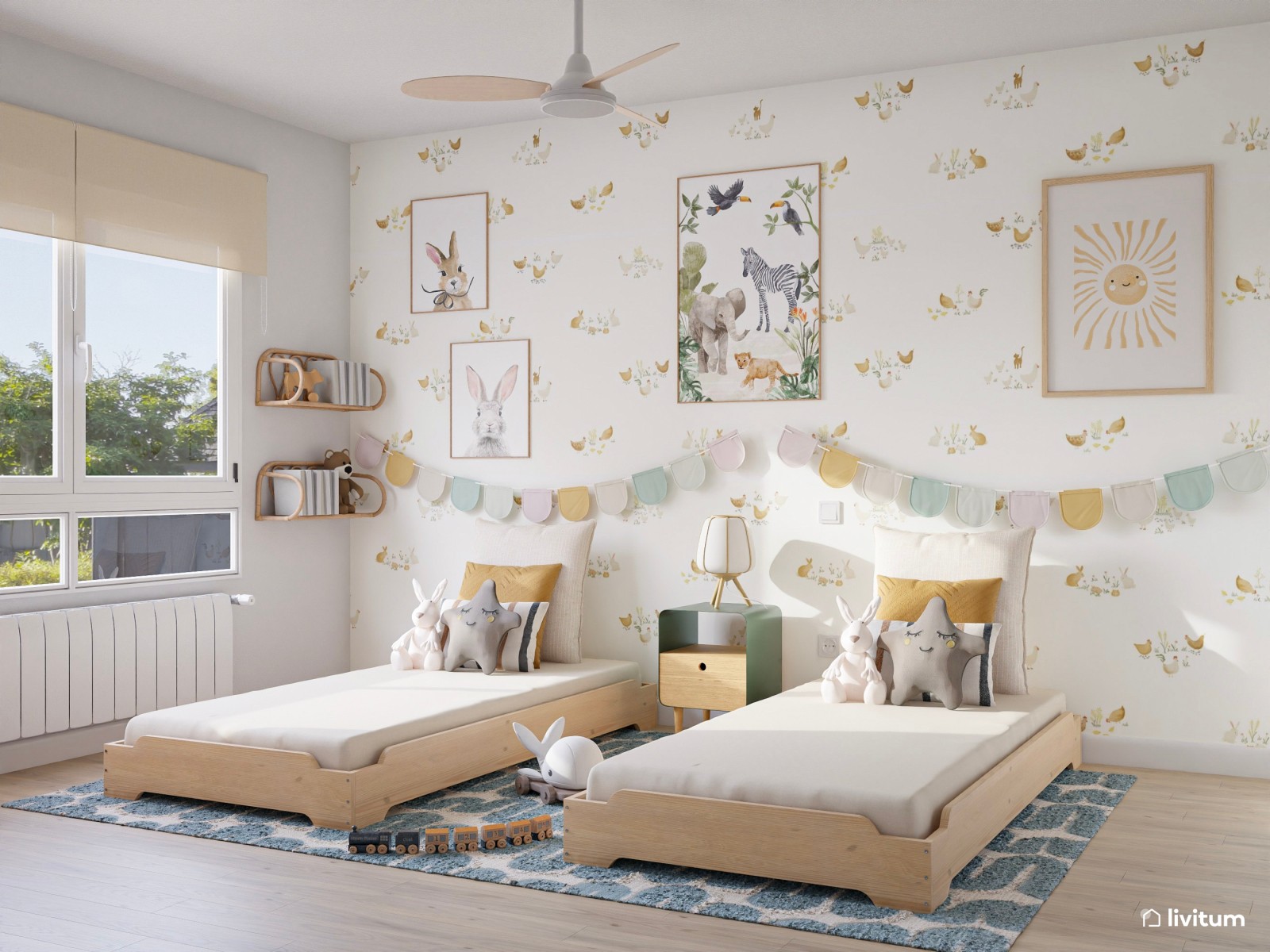 Habitación infantil con dos camas con coquetos detalles pastel