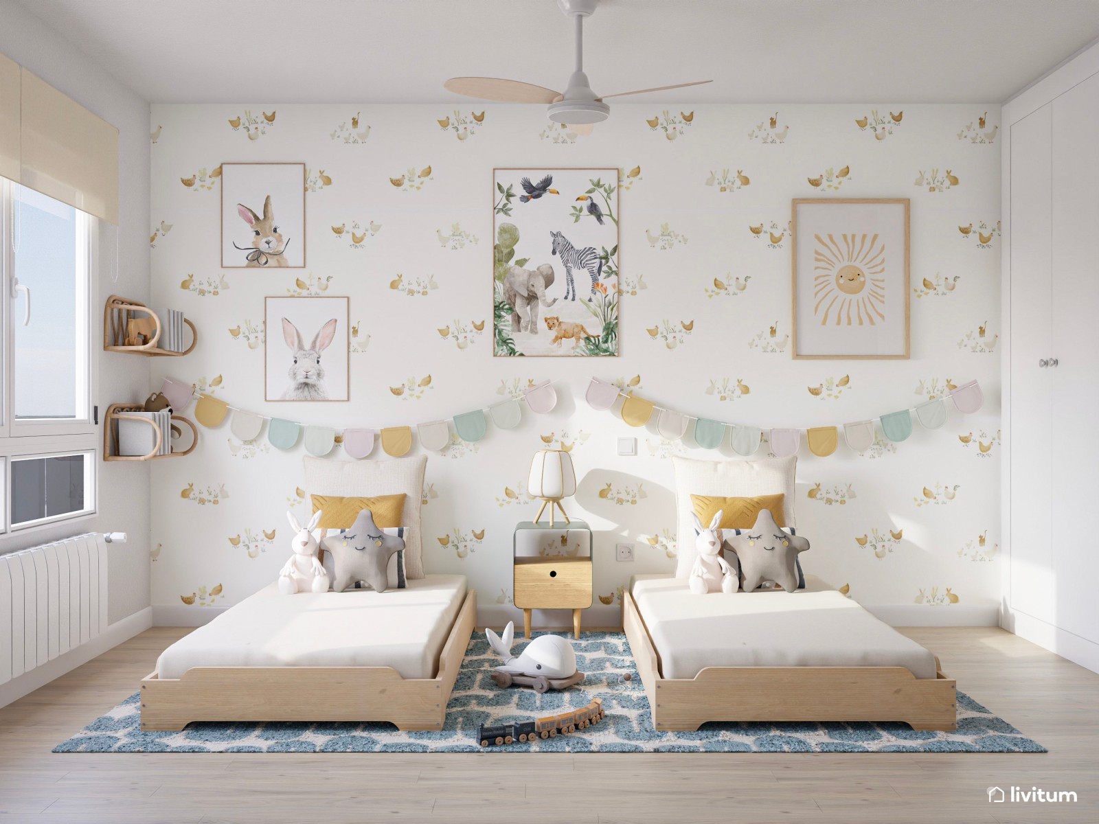 Habitación infantil con dos camas con coquetos detalles pastel