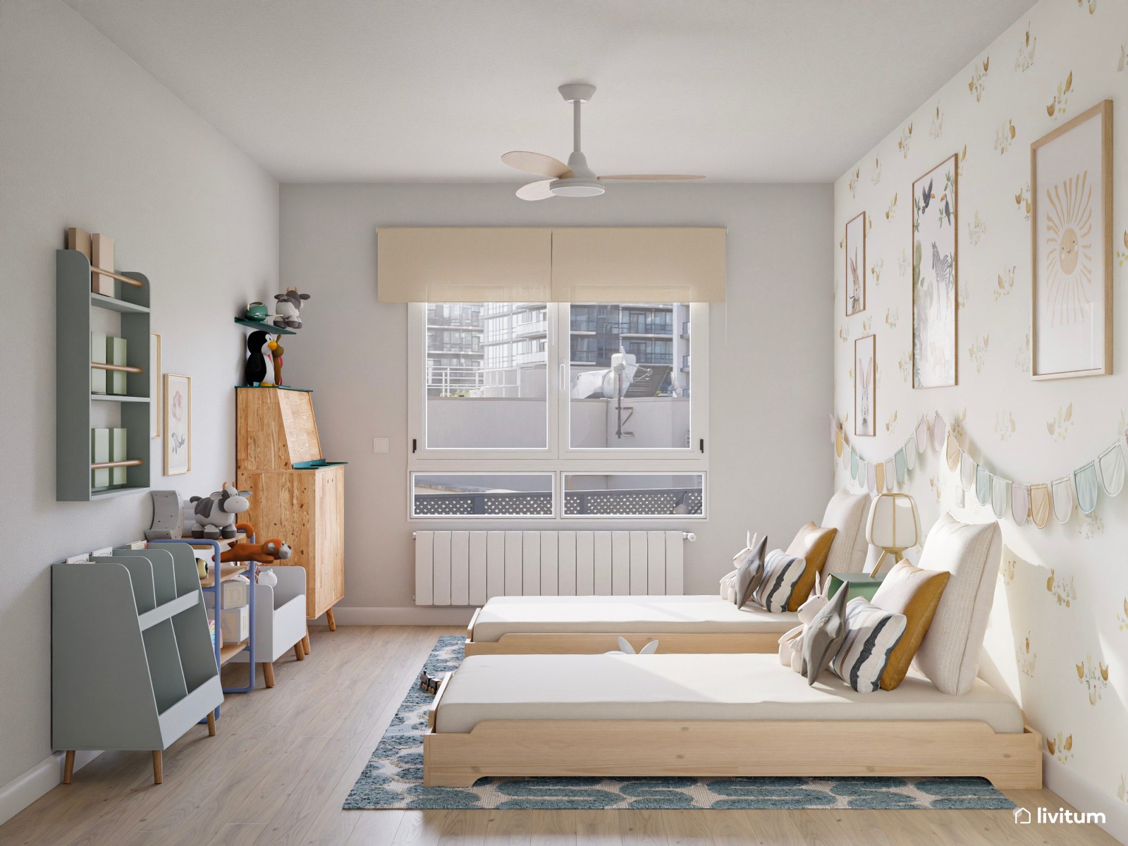 Habitación infantil con dos camas con coquetos detalles pastel