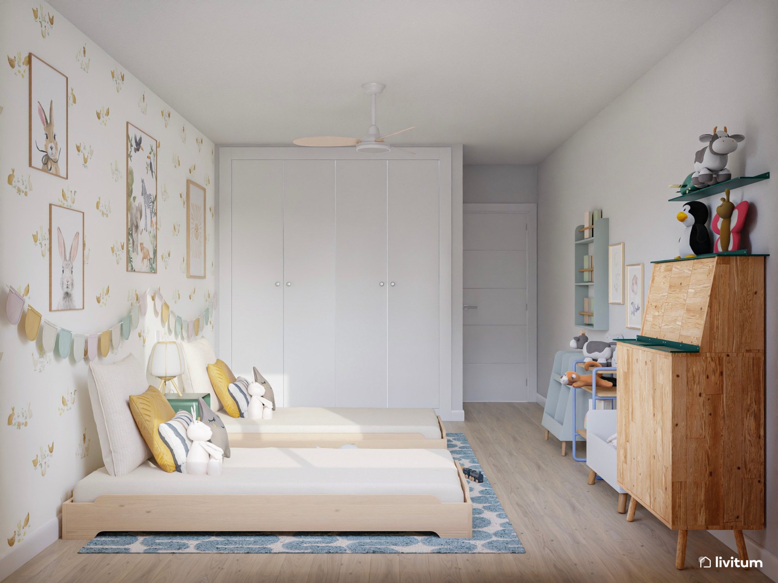 Habitación infantil con dos camas con coquetos detalles pastel