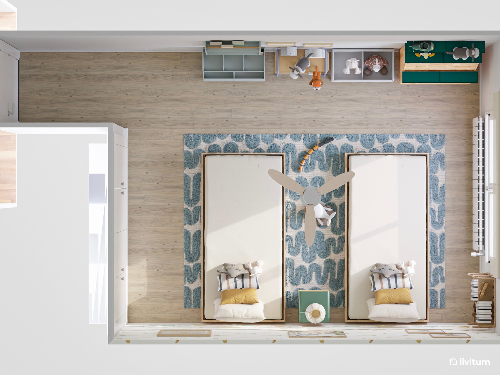 Habitación infantil con dos camas con coquetos detalles pastel