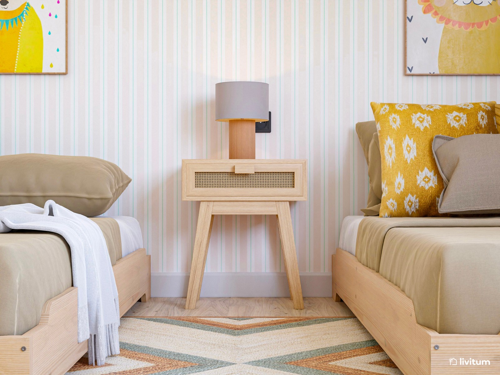 Habitación infantil con dos camas en madera y tonos mostaza
