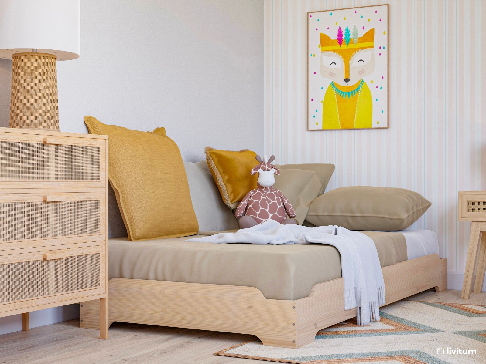 Habitación infantil con dos camas en madera y tonos mostaza