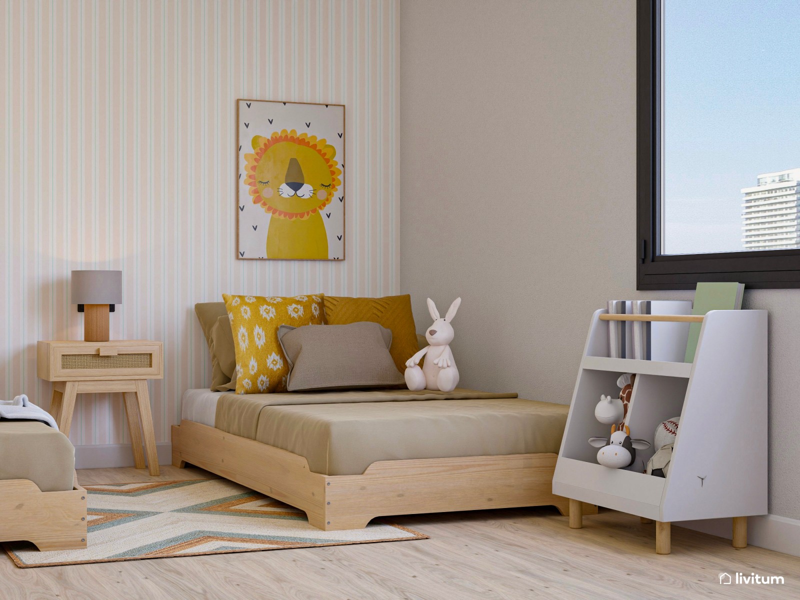Habitación infantil con dos camas en madera y tonos mostaza