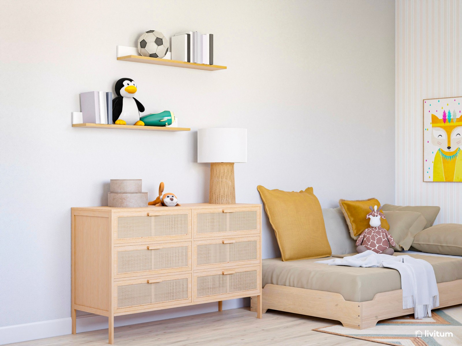 Habitación infantil con dos camas en madera y tonos mostaza