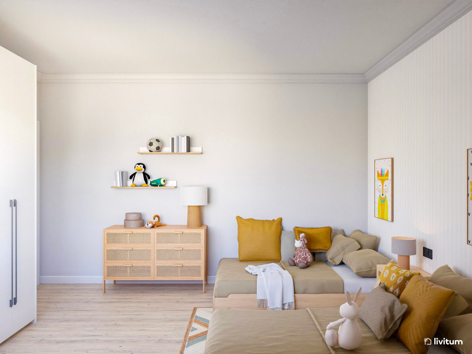 Habitación infantil con dos camas en madera y tonos mostaza