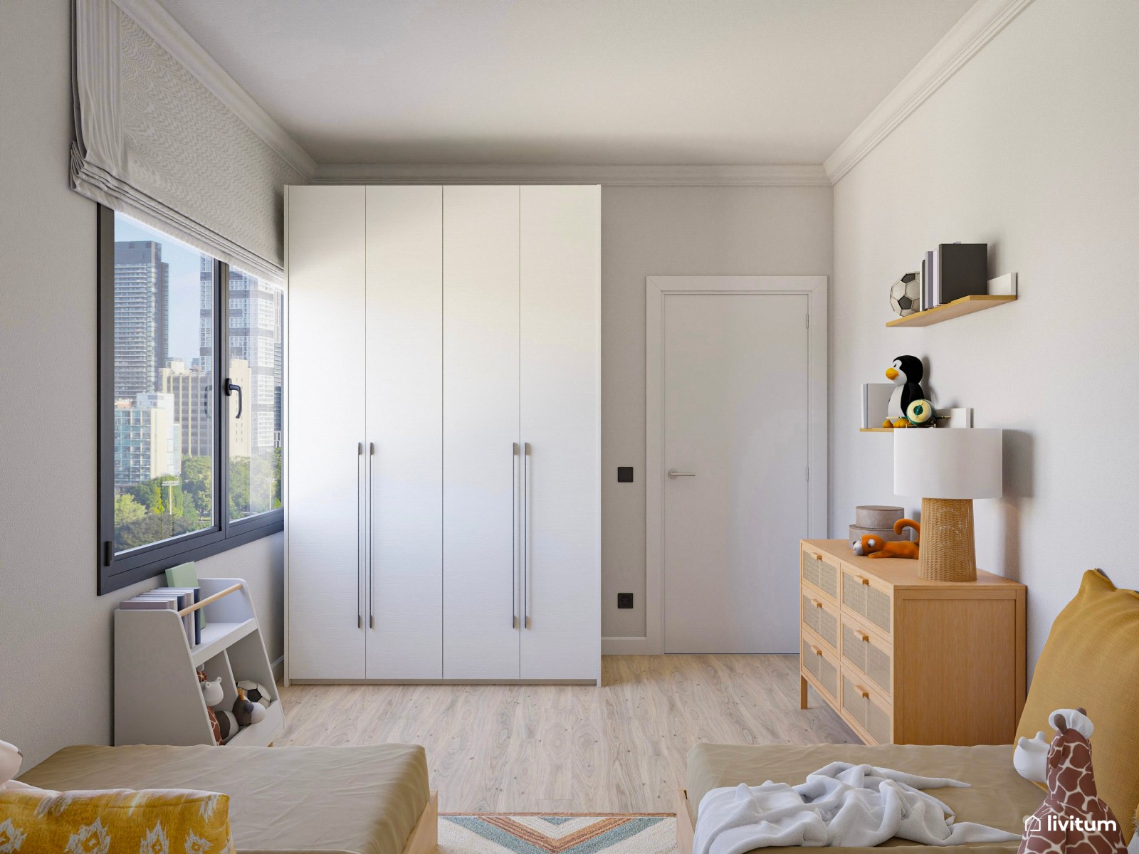Habitación infantil con dos camas en madera y tonos mostaza