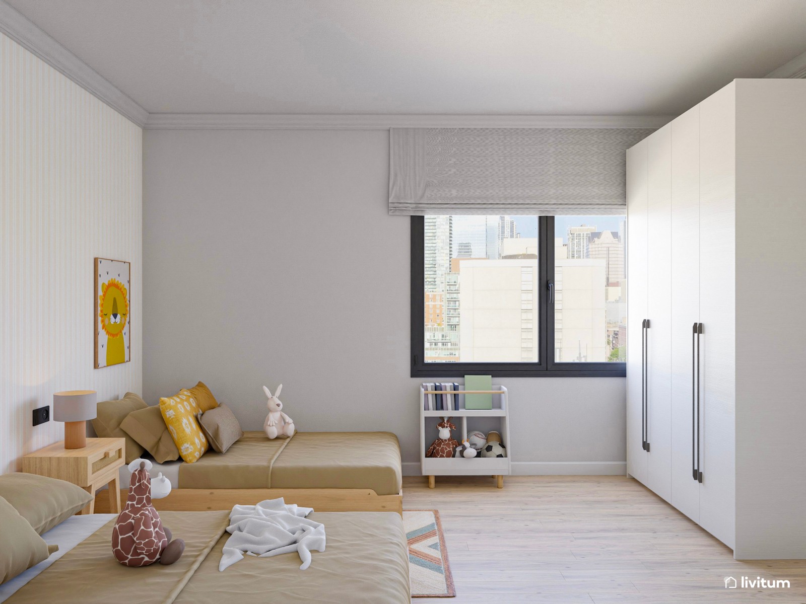 Habitación infantil con dos camas en madera y tonos mostaza