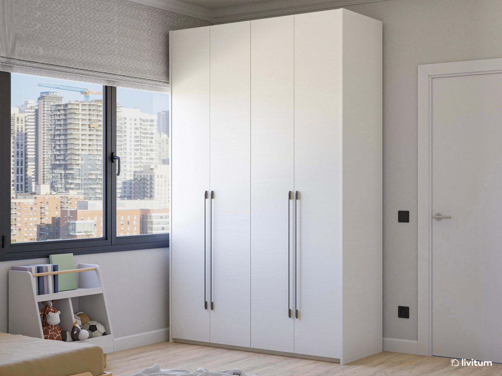 Habitación infantil con dos camas en madera y tonos mostaza