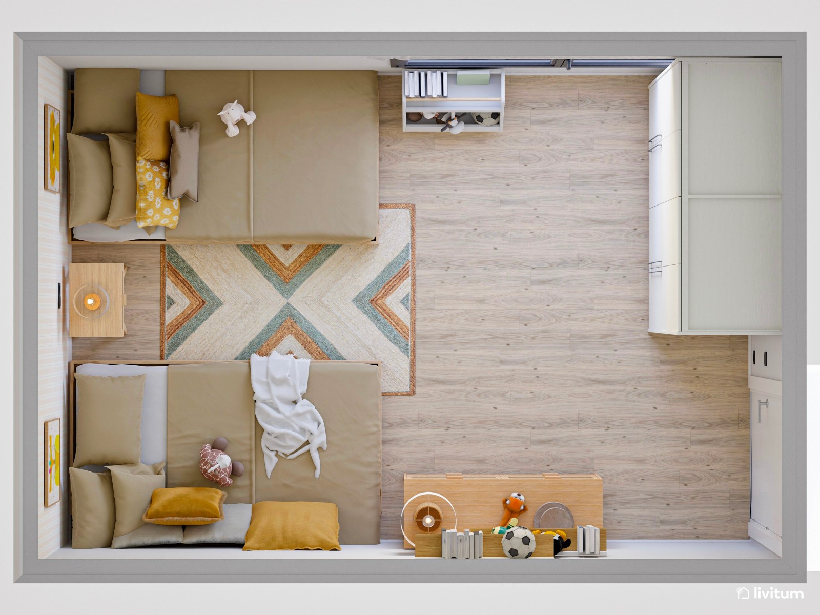 Habitación infantil con dos camas en madera y tonos mostaza