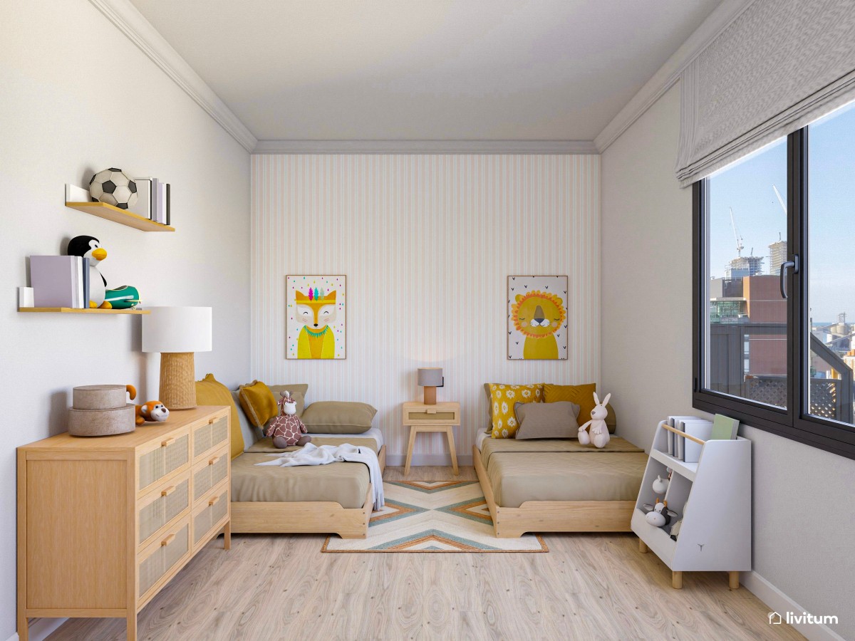 Habitación infantil con dos camas en madera y tonos mostaza