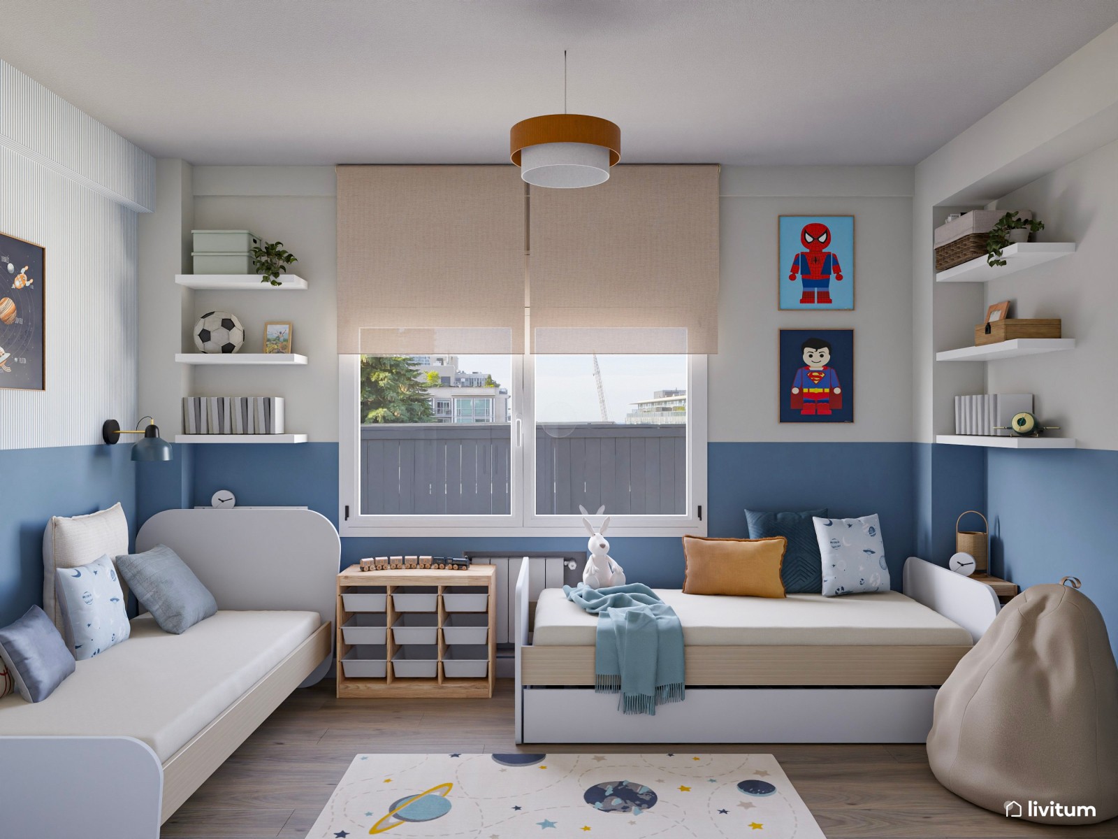 Habitación infantil con dos camas en tonos azules