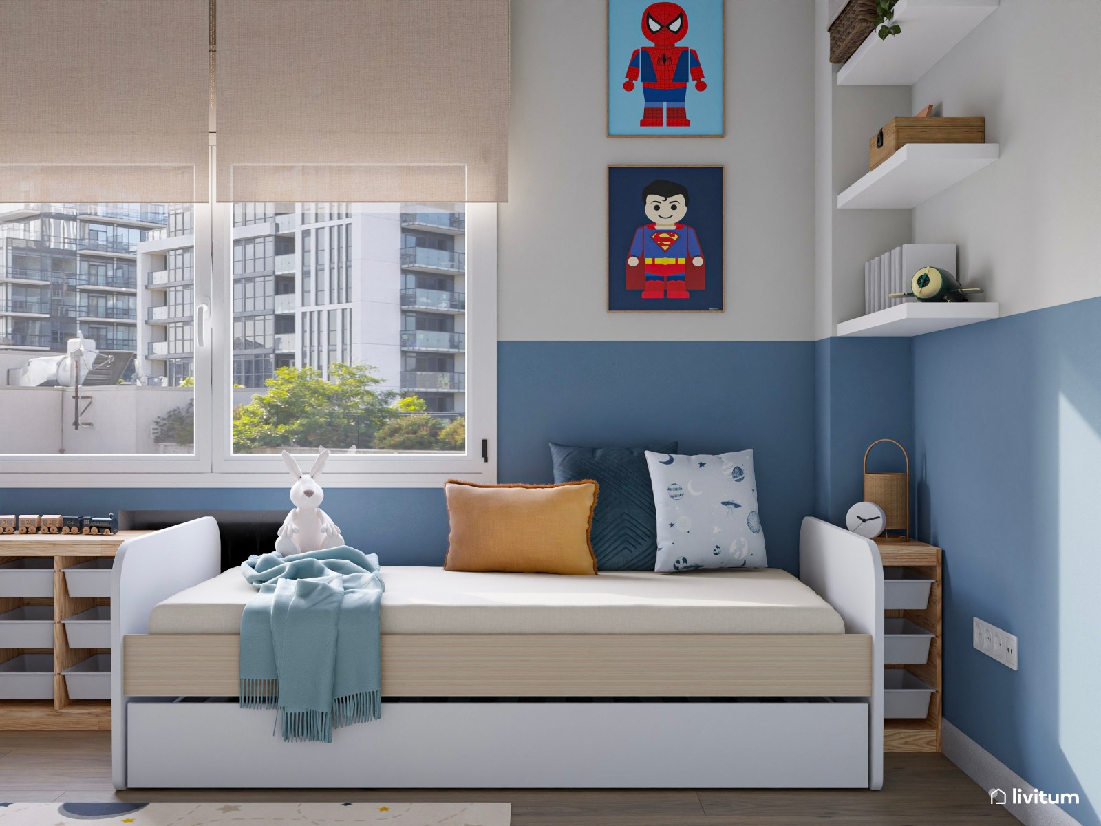 Habitación infantil con dos camas en tonos azules