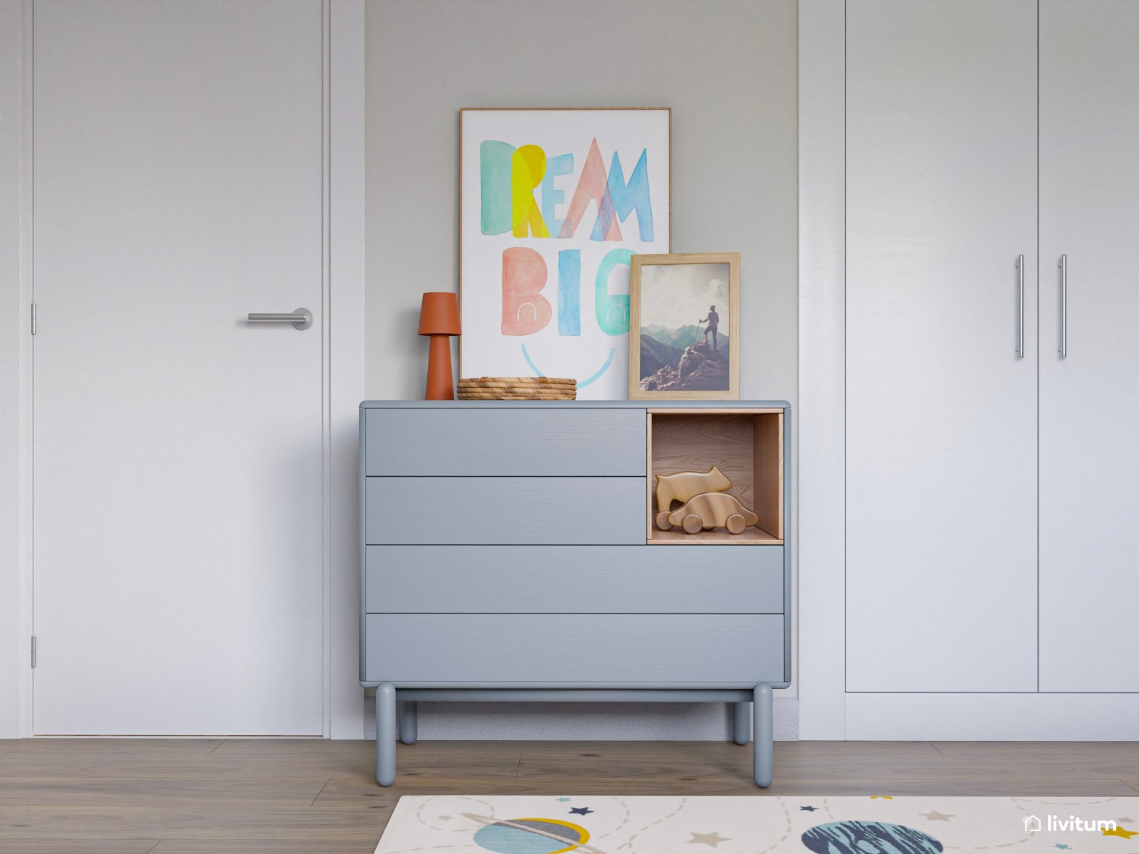 Habitación infantil con dos camas en tonos azules