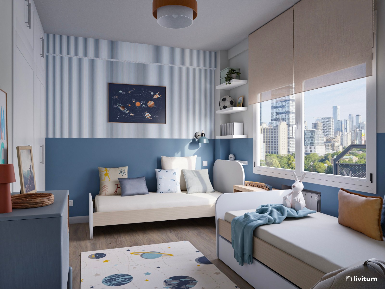 Habitación infantil con dos camas en tonos azules