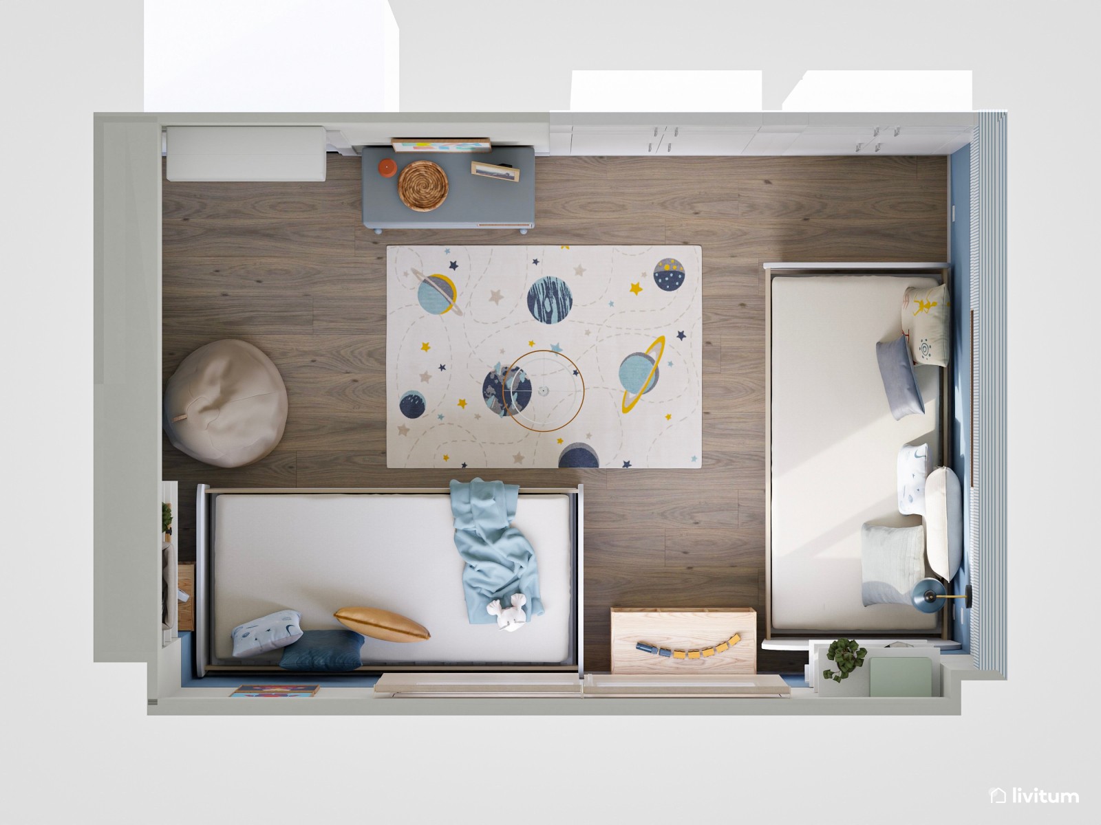 Habitación infantil con dos camas en tonos azules