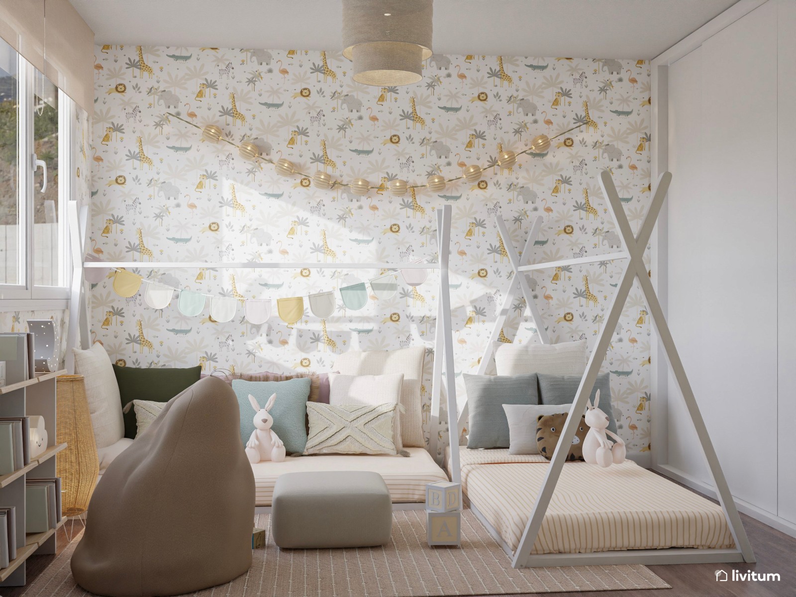 Habitación infantil con dos camas tipi y zona de juegos