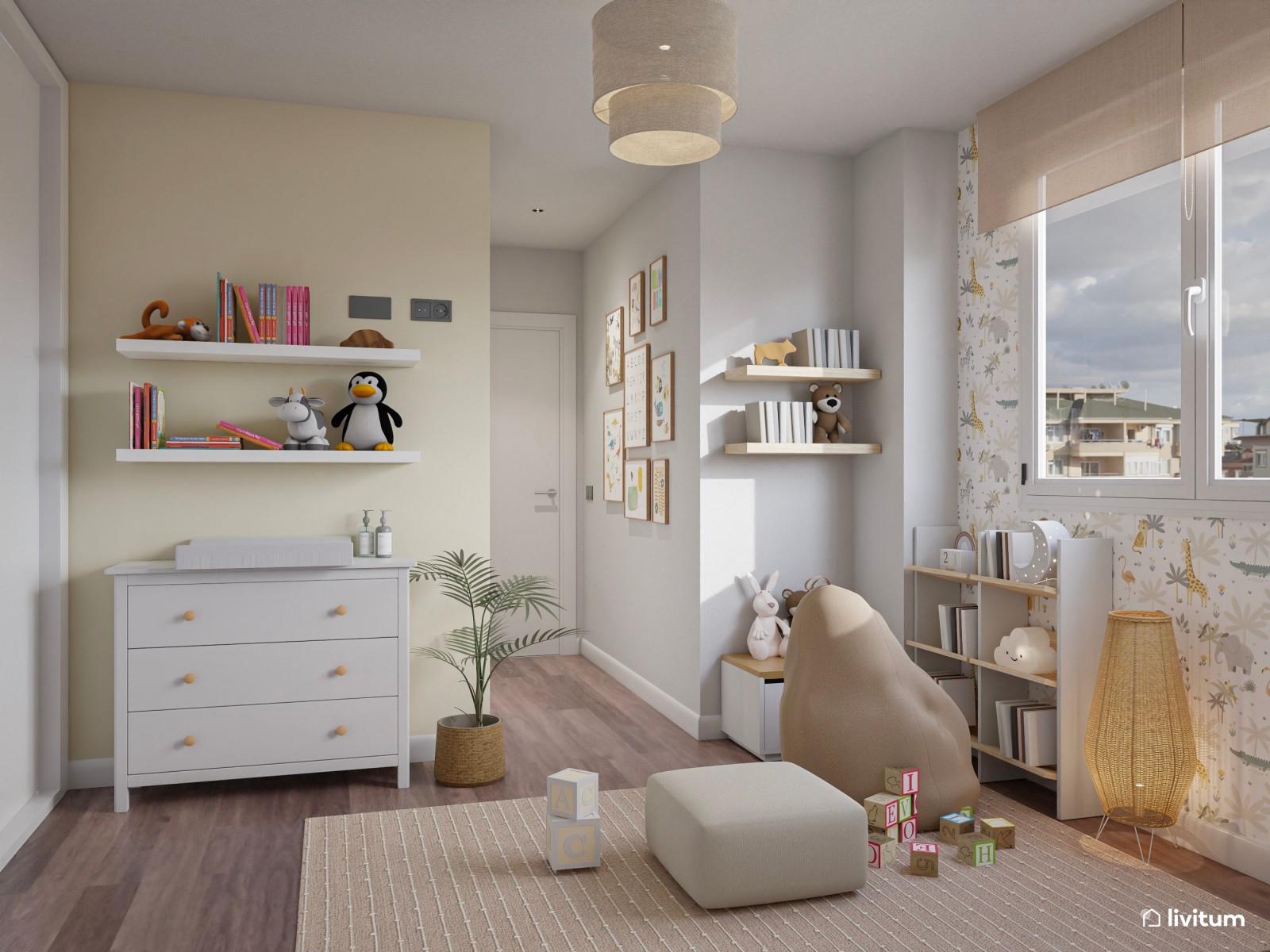 Habitación infantil con dos camas tipi y zona de juegos