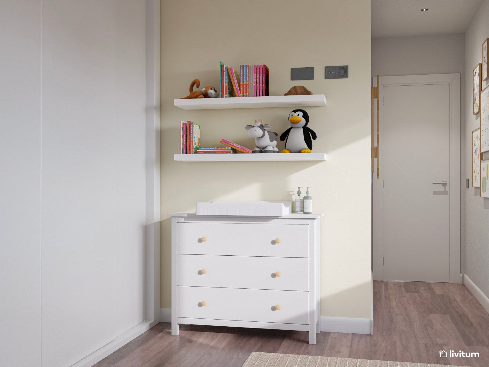 Habitación infantil con dos camas tipi y zona de juegos