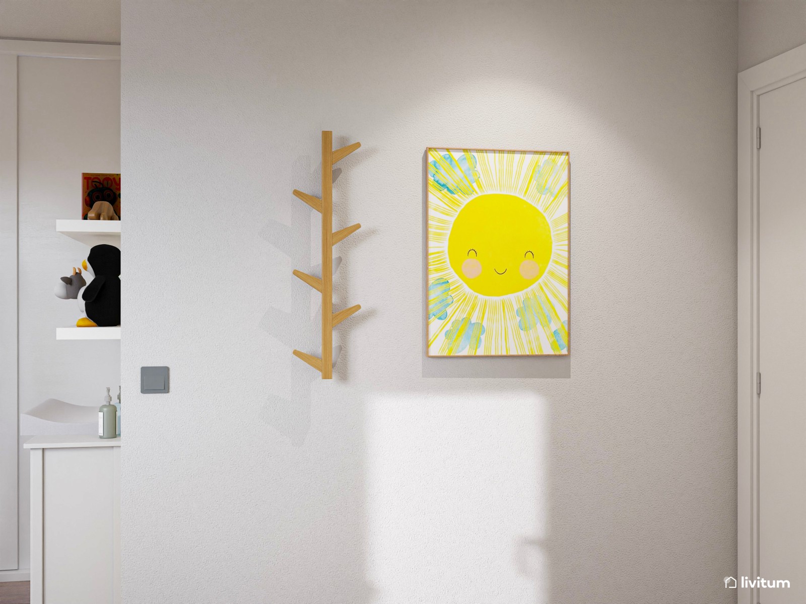 Habitación infantil con dos camas tipi y zona de juegos