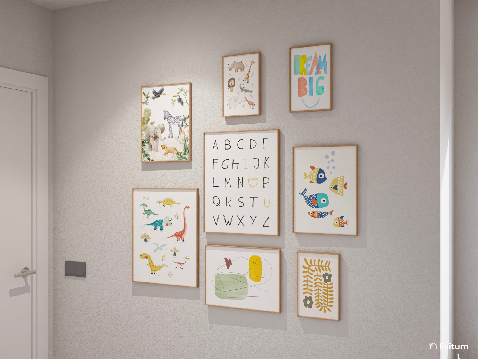 Habitación infantil con dos camas tipi y zona de juegos