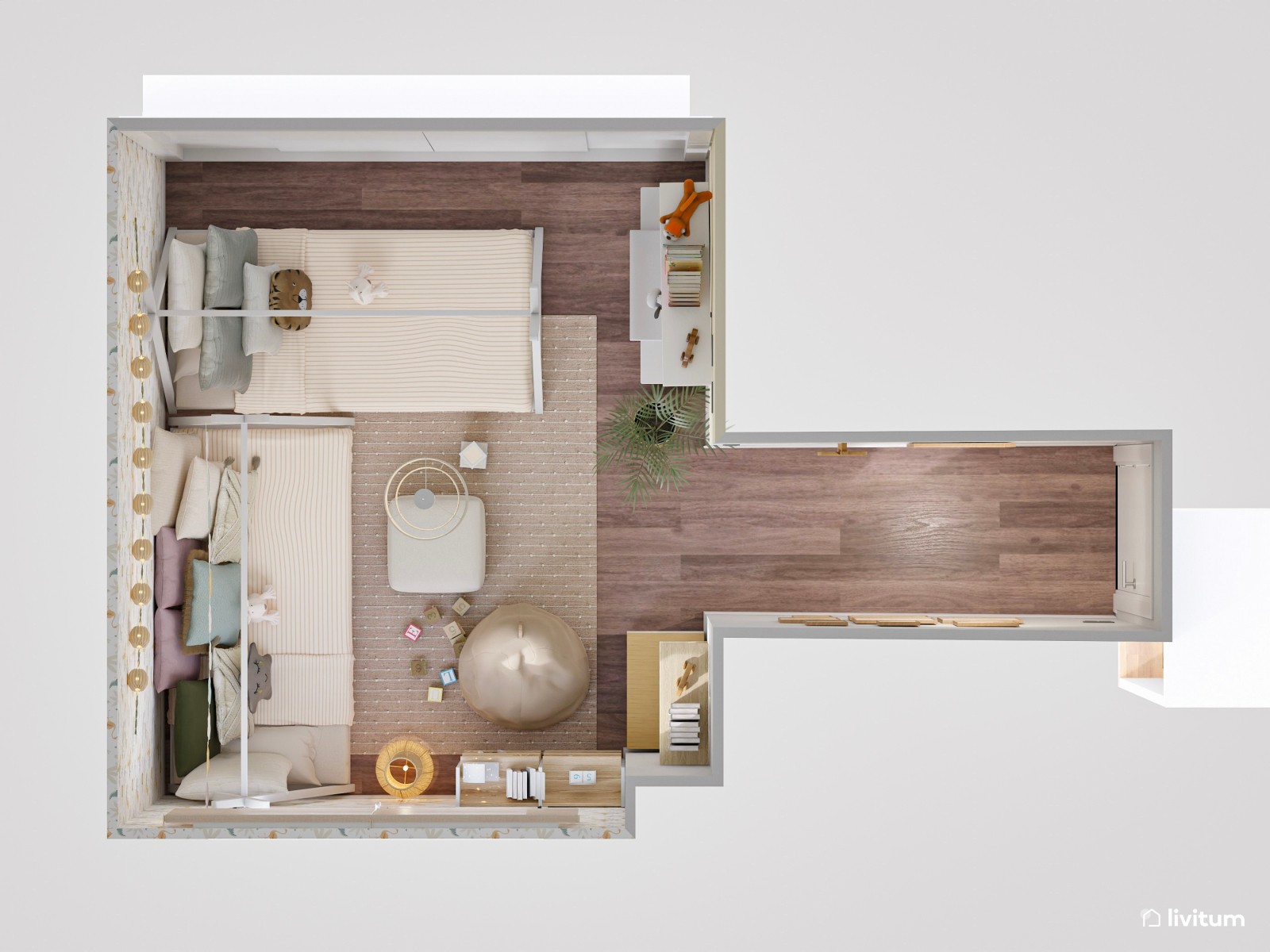 Habitación infantil con dos camas tipi y zona de juegos