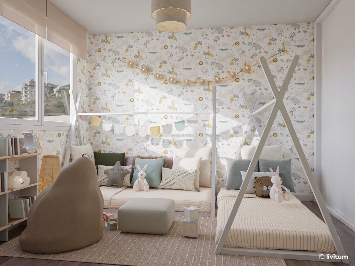 Habitación infantil con dos camas tipi y zona de juegos