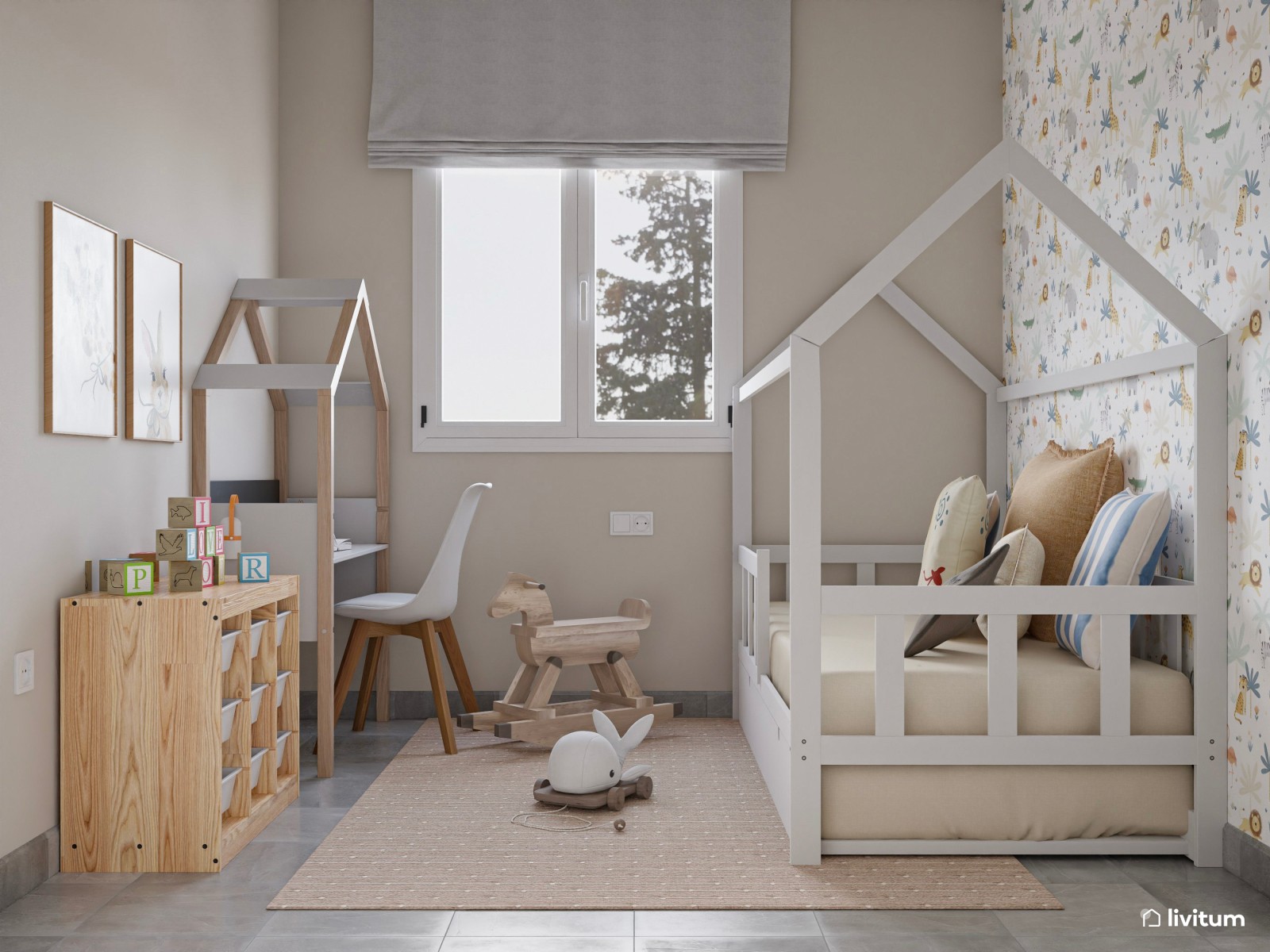 Habitación infantil con escritorio y cama nido en forma de casita