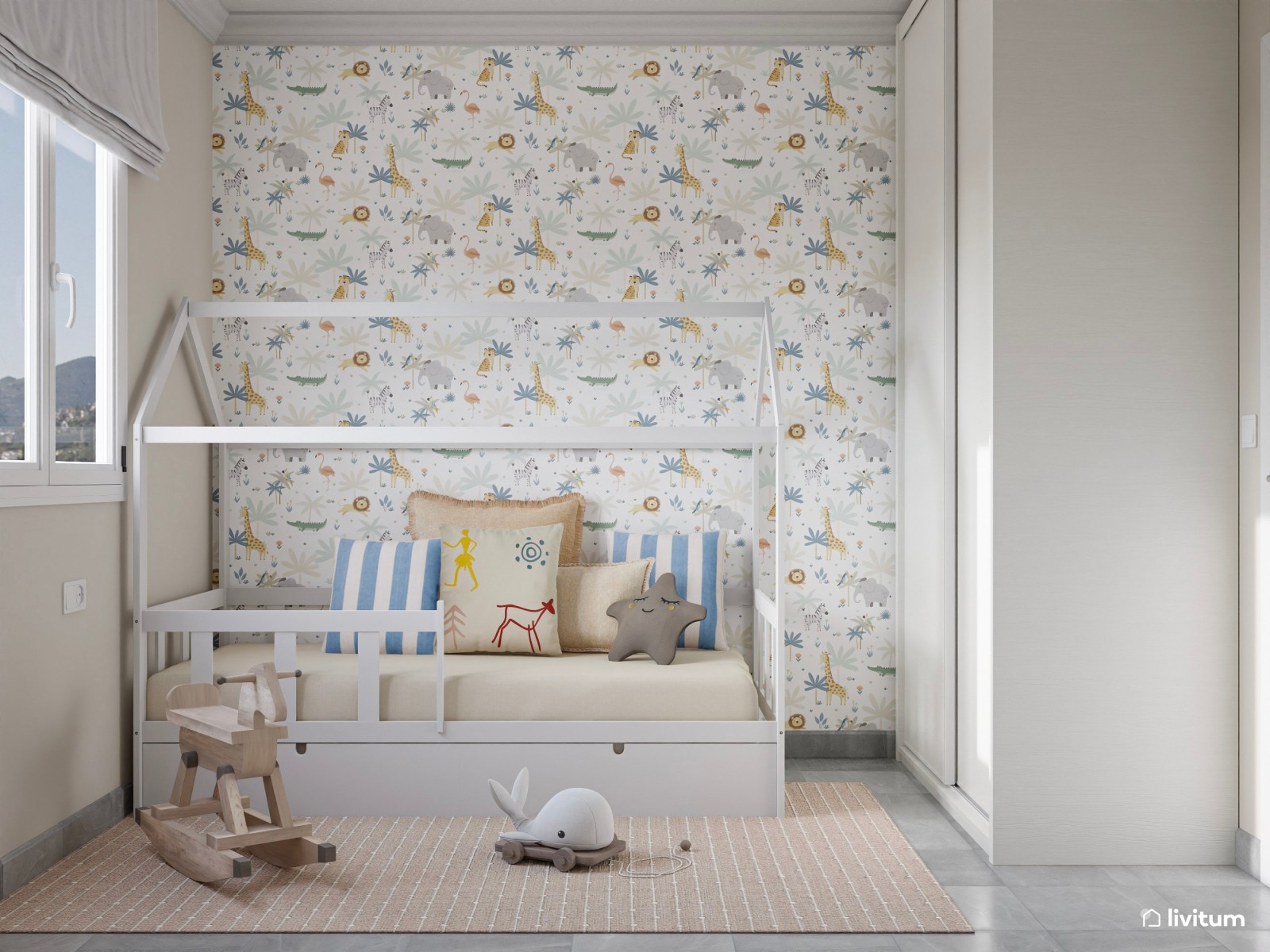 Habitación infantil con escritorio y cama nido en forma de casita