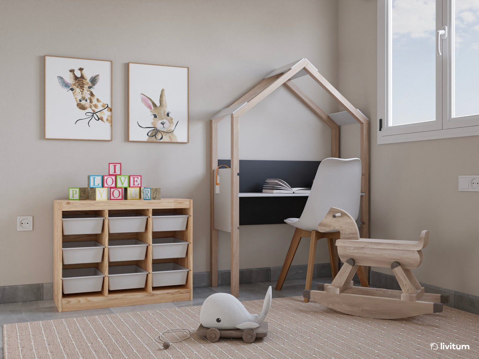 Habitación infantil con escritorio y cama nido en forma de casita