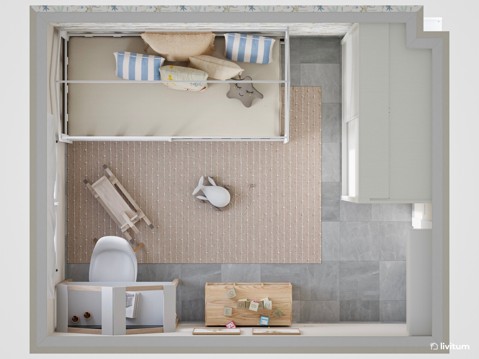 Habitación infantil con escritorio y cama nido en forma de casita