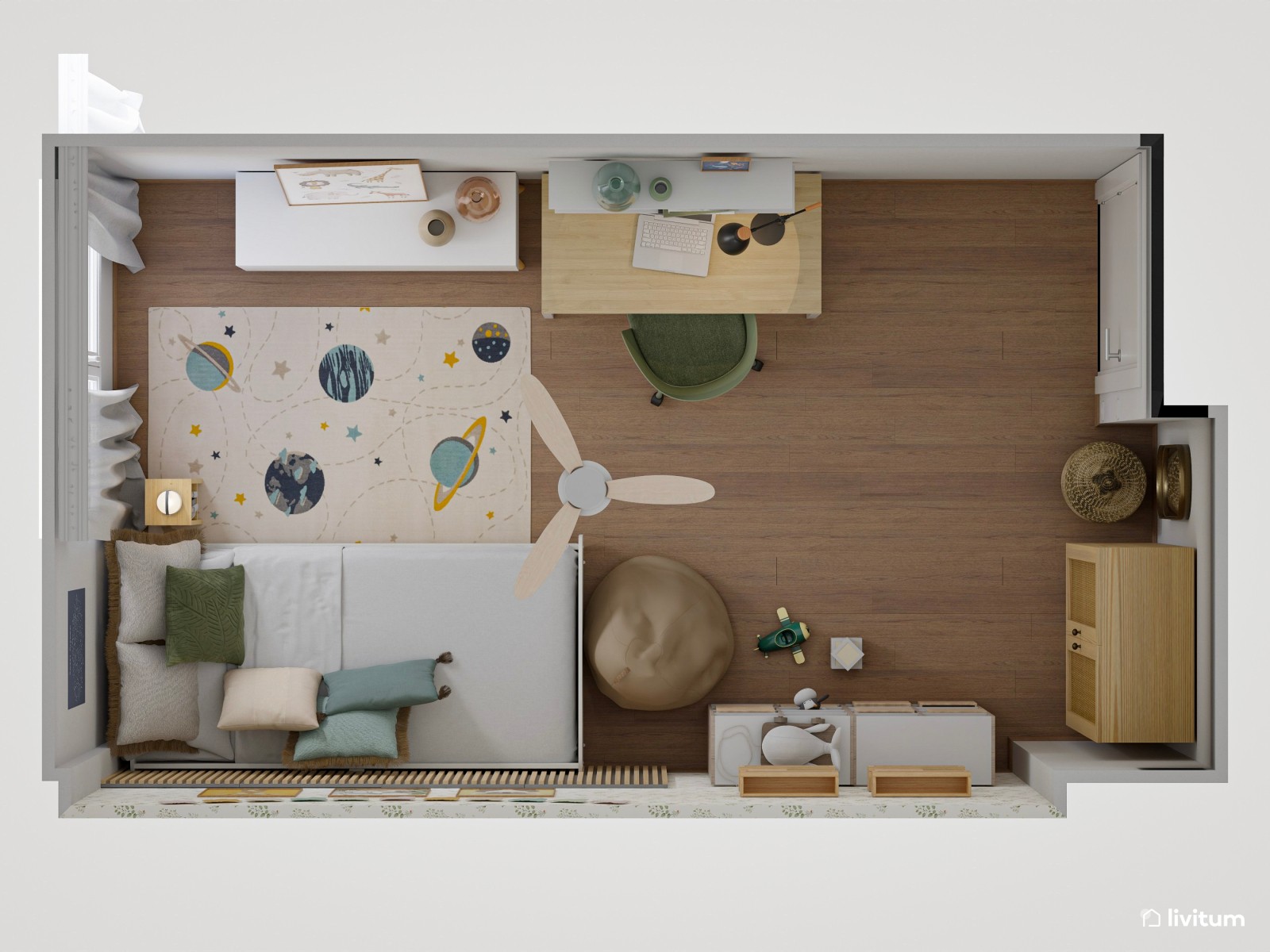 Habitación infantil con escritorio y confort acústico asegurado